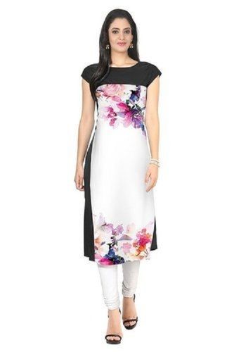 Printed Women Comfortable And Breathable Short Sleeves White Black Cotton Kurti