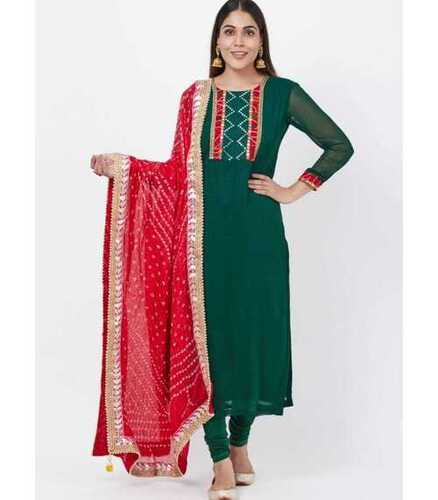 Ladies Breathable Comfortable Stylish Green And Red Printed Cotton Suits 