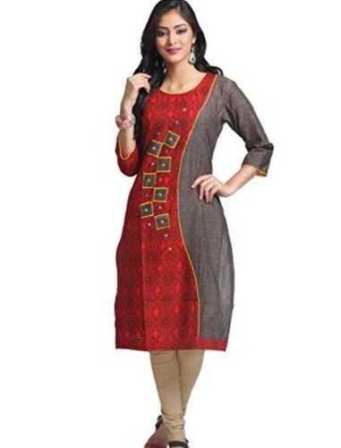 Women Beautiful Round Neck 3/4 Sleeve Red And Grey Printed Cotton Kurti 