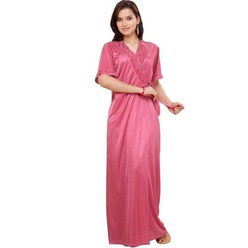 Pink Elegant Look Comfortable And Lightweight Cotton Maxi Dress Night Wear For Ladies