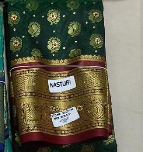 Golden And Dark Green Designer With Stone Work Cotton Silk Kasturi Ladies Saree