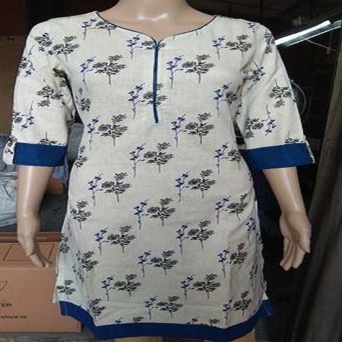 Ladies Comfortable Printed Breathable Skin Friendly Blue And White Kurti