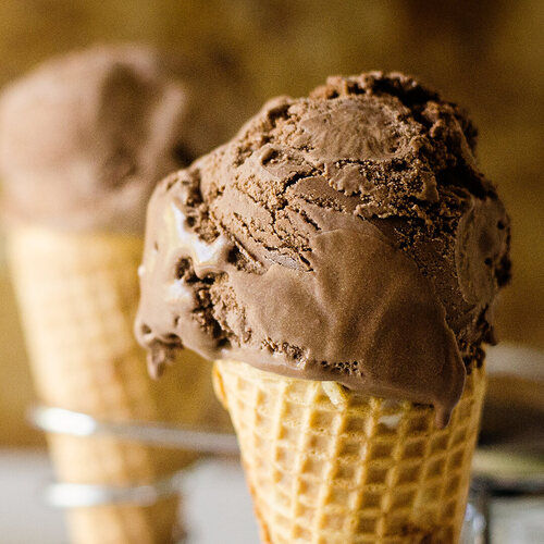 Sweet Tasty Cold Mouth Watering And Melting Brown Chocolate Ice Cream Cone