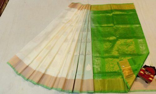 Trendy Simple Elegant Stylish Look White With Green Bridal Soft Silk Saree Handwash Saree