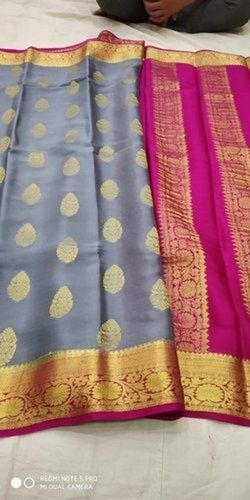 Traditional Simple Elegant Grey Pink Colored Wedding Wear Embroidered Mysore Silk Sarees