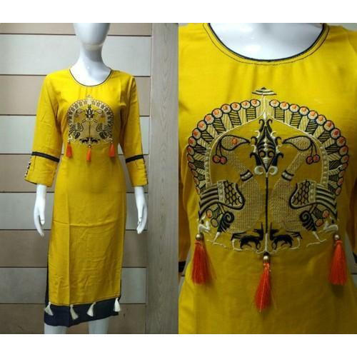 Silk Yellow Rayon Embroidered Festival Wear Full Sleeve Pure Soft Cotton Ladies Kurtis