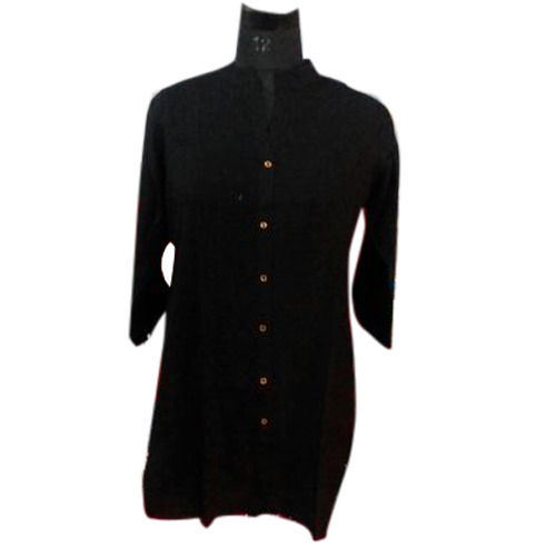 Quick Dry Wrinkle Free Stylish Beautiful Black Colored 3/4Th Sleeve Plain Kurti For Girls