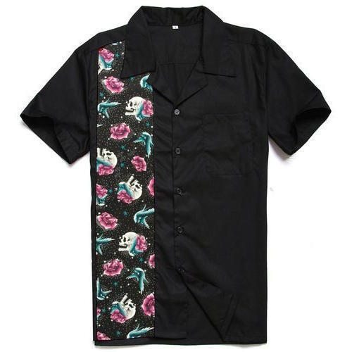 Breathable Short Sleeves Woolen Printed Black Cotton Casual Shirt For Men
