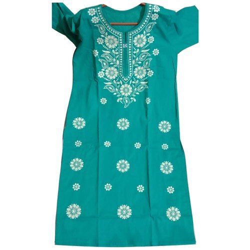 No Fade Breathable Skin Friendly Wrinkle Free Trendy Designed Casual Wear Sea Green Lucknowi Chikan Kurti For Girls