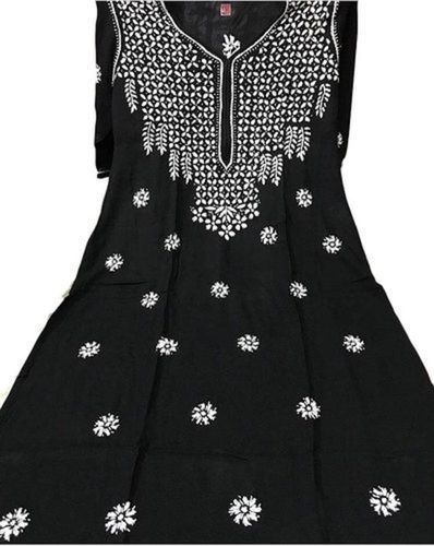 Breathable Simple Elegant Stylish Look Beautiful Knee Long Cotton Black Colored Chikankari Kurti For Girls