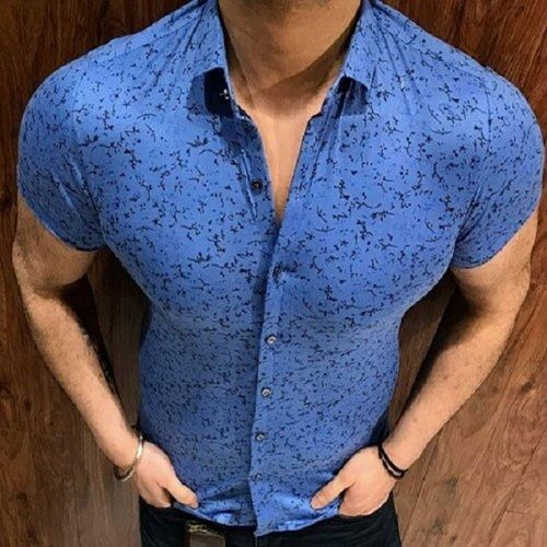 Breathable Blue And Casual Wear Collar Neck Mens Half Sleeve Cotton Printed Shirt 