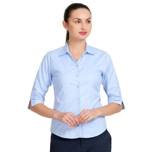 Ladies Classy Look Breathable And Comfortable Blue Cotton Plain Formal Shirt 