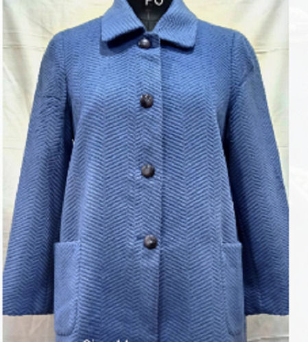 Indian Blue Color Full Sleeves Ladies Long Coat With 2 Side Pocket For Casual Wear