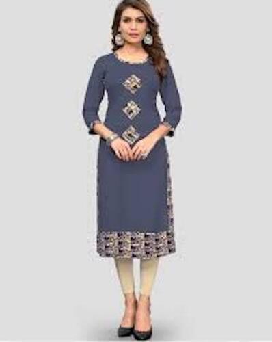 3/4 Sleeves Grey Colour Round Neck Ladies Kurti For Casual And Party Wear Decoration Material: Laces