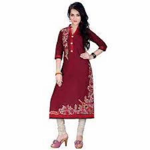 3/4 Sleeves V-Neck Maroon Colour Ladies Kurti for Casual and Regular Wear