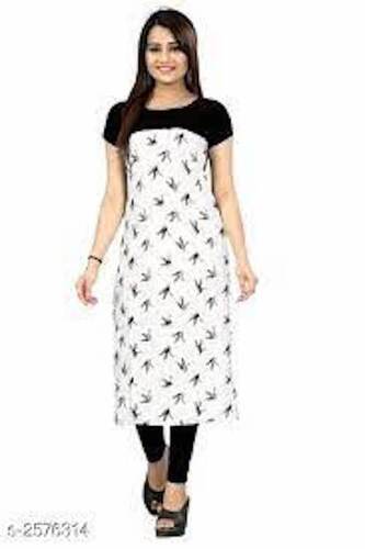 Short Sleeves Printed Pattern White And Black Ladies Kurti For Casual Wear Decoration Material: Laces