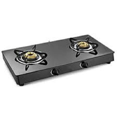 Heavy Duty And Durable Manual Glass Plain Black Two Burner Lpg Gas