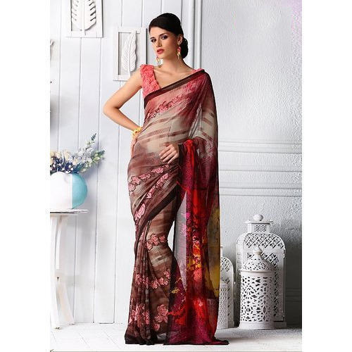 Women Casual Wear Comfortable Printed Chiffon Multicolor Saree With Unstitched Blouse 