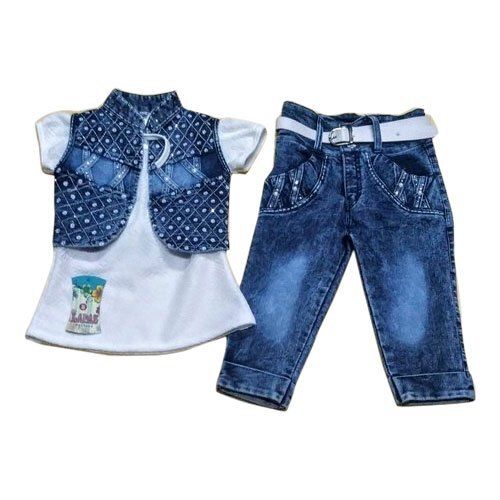 Children Party Wear Round Neck Half Sleeves White Top And Pant Denim Jacket Set Age Group: 3