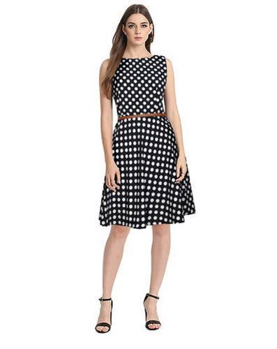 Women'S Silk Sleeveless Black Polka Dot Ruffle Dress With Adjustable Belt