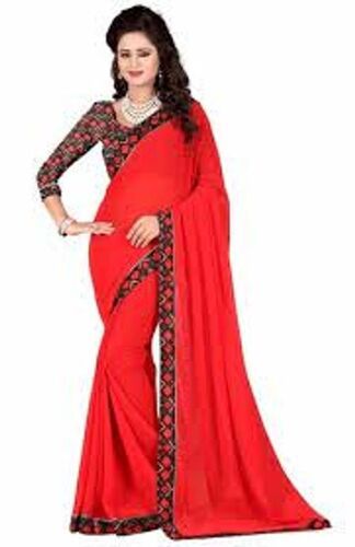 Elegant Saree With Floral Border Comfortable Stylish Beautiful Red Fancy Saree