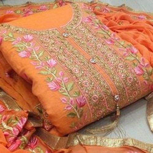 Indian Glamorous Lightweight And Machine Washable Chanderi Embroidered Orange Suit