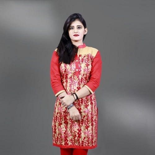 Washable Ladies Button On Neck 3/4Th Sleeves Red Regular Fit Fancy Rayon Printed Kurtis