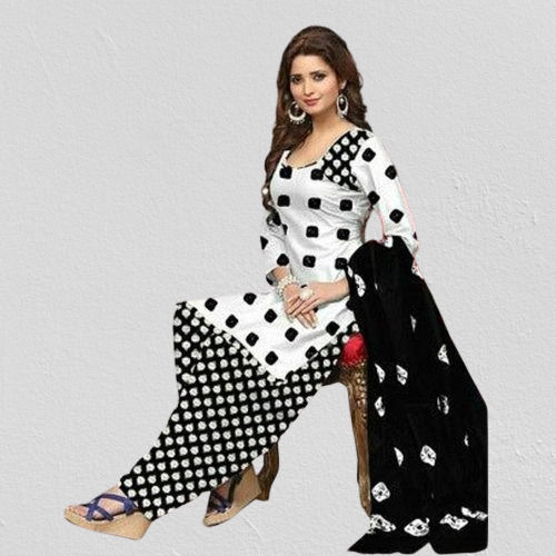 Fashionable And Comfortable Cotton Printed Unstitched Black & White Salwar Suit