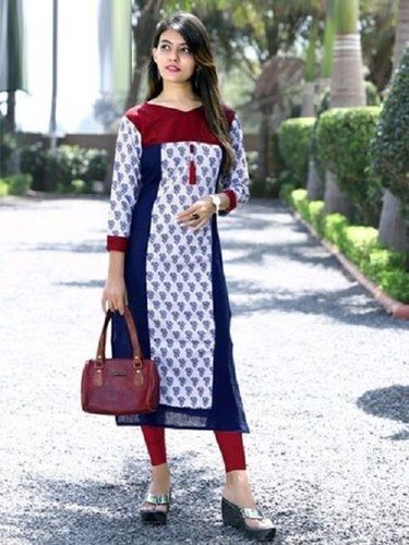 Ladies 3/4 Sleeves Comfortable Fashionable Multicolor Printed Cotton Kurta  Decoration Material: Cloths