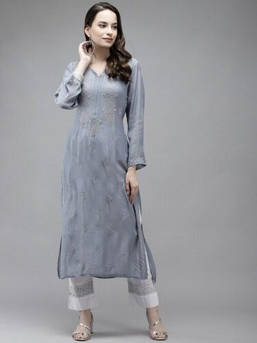 Ladies Long Sleeves Comfortable And Breathable Fancy Grey Cotton Kurtis  Decoration Material: Paint