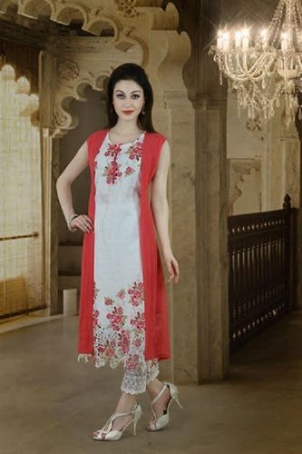 Ladies Sleeveless Summer Wear Red And White Printed Cotton Kurta Decoration Material: Cloths