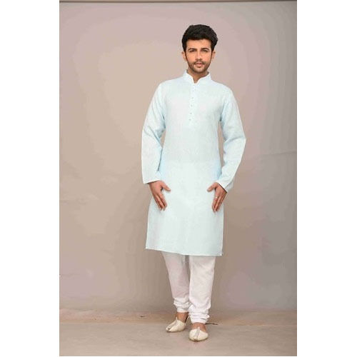 Indian Men Long Sleeves Comfortable Light Blue And White Cotton Kurta Pajama