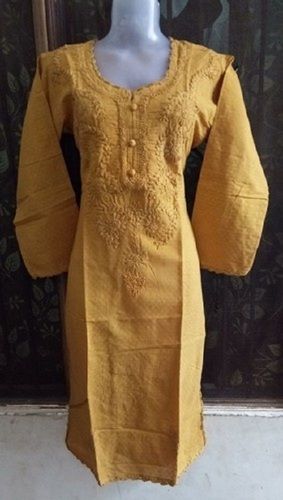 Women Comfortable And Breathable Yellow Long Sleeves Party Wear Kurti  Decoration Material: Paint