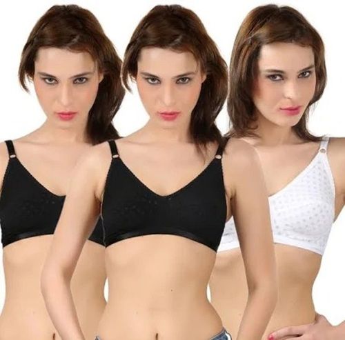 Plain 1 White And 2 Black Comfortable And Breathable Cotton Non Padded Bra For Ladies