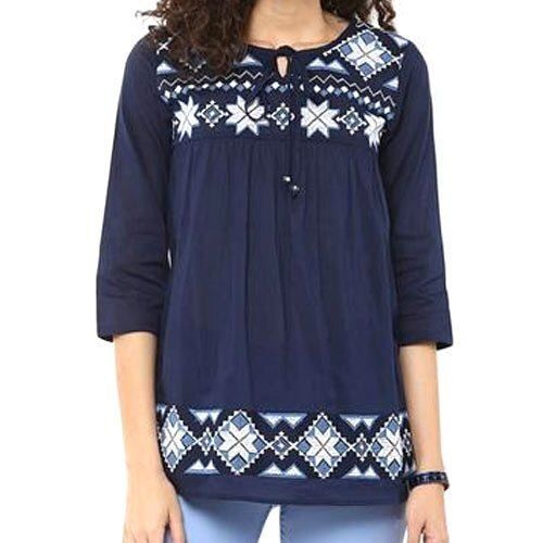 Women's Beautiful Design Eye-catching Embroidered 3/4th Sleeve Blue Cotton Top