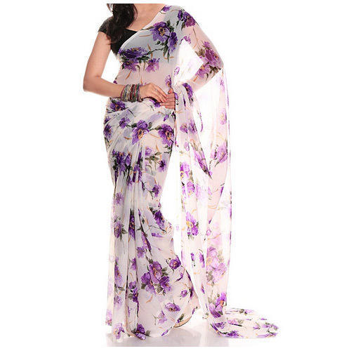 Silk Beautiful Modern And Trendy Casual Wear White And Blue Printed Chiffon Saree