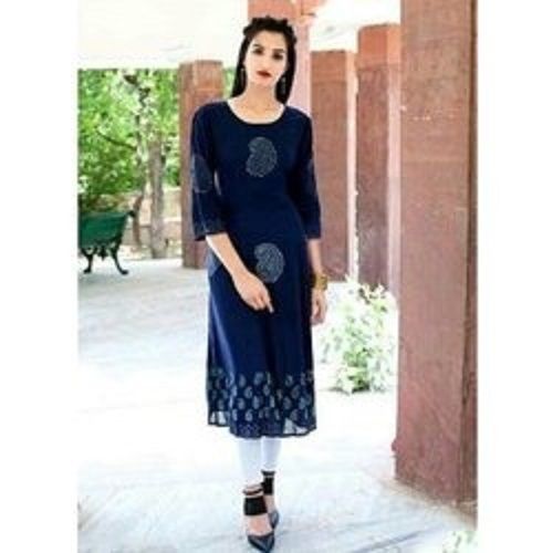 Cool Dry Blue Printed Designer Long Sleeves Women Premium Cotton Kurti