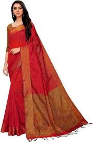 Casual Extremely Comfortable Wear Lightweight Fancy Beautiful Red And Golden Plain Cotton Saree