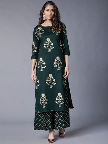 Washable Green Printed Designer With Palazzo Long Sleeves Women Premium Cotton Kurti