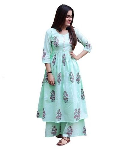 Sky Blue Printed Designer Short Sleeves With Palazzo Women Cotton Suits