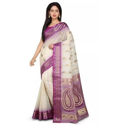 Pink 5.5 Mtr Base White Cotton Bengali Tant Silk Saree With Separate Blouse Piece