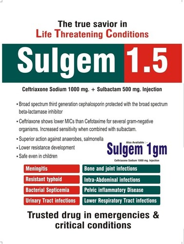 Ceftriaxone Sodium 100mg. and Sulbactam 500 mg. Injection