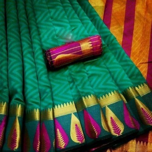 Green And Pink Plain Beautiful Stylish Breathable Designer Wear Modern And Trendy Cotton Silk Saree For Ladies