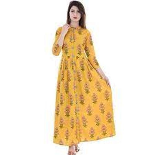 Ladies Yellow Floral Printed 3/4 Sleeves Casual Or Party Wear Stunning Anarkali Kurtis