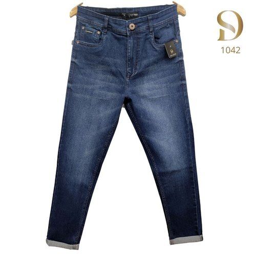 Cotton Plain Dyed Dark Blue Jeans For Men