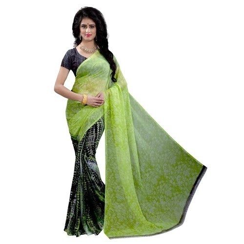 Buy Odette Raw Silk Printed Green Saree with Unstitched Blouse online