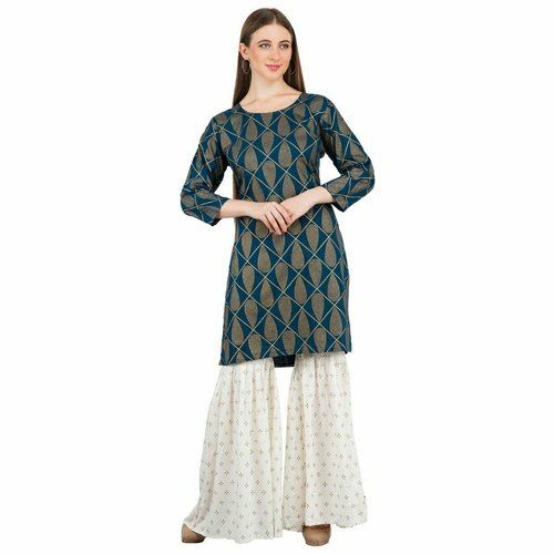 Women's Beautiful Rayon Blue Color Printed Casual Kurti