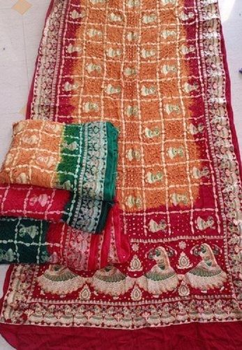 Red Wedding Wear Embroidered Gaji Silk Beautiful Heavy Ghatchola 6 M With Blouse Piece Bandhani Sarees 