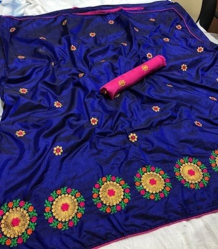 Summer Fancy Sana Blue Plain Embroidered Designer Party Wear Silk Sarees