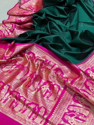 Plain Green And Pink Length 6.3M Party Wear Skin Friendly Fancy Silk Saree 